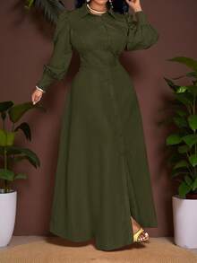 Veslaya 優雅軍綠色女款大尺碼 Najma 秋季洋裝，燈籠袖長版生日禮服，橄欖綠秋冬新款服飾 - 軍綠色 - 查看 1