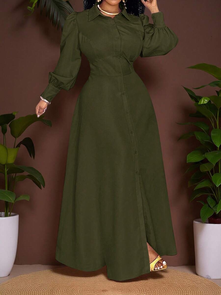 Veslaya 優雅軍綠色女款大尺碼 Najma 秋季洋裝,燈籠袖長版生日禮服,橄欖綠秋冬新款服飾 - 軍綠色 - 查看 1
