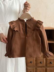 LMoss Kids Baby Girl Ruffled Casual Top, Suitable For Autumn/Winter Wear - Khaki - View 2