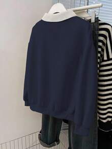 Franclia 印有马术标志的时尚翻领拉链长袖宽松卫衣，海军蓝，秋季 - 藏蓝色 - 查看 2