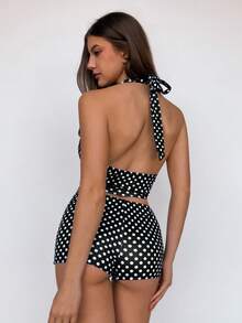 Sweetina 女式黑白波点露背短款上衣和超短下装两件套，可爱女孩度假休闲装 - 黑與白 - 查看 2