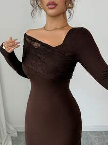 Modelyn Women's Elegant Lace Patchwork Midi Dress - Coffee Brown - View 3