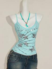 SHEIN ICON Y2K 花卉串珠刺绣不对称下摆女式蓝色串珠刺绣吊带背心，修身性感夏季外套 - 淺藍色 - 查看 3