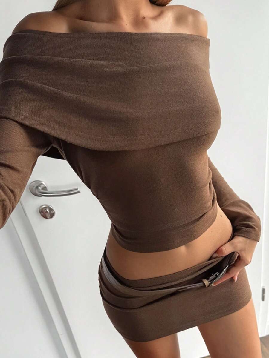 EgrlEra 1 Conjunto de Top de Hombros y Mini Falda, Conjunto Sexy de Dos Piezas - Marrón - Ver 1