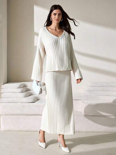 EURMUSE Elegant V Neck Rib Knit Solid Color Drop Shoulder Cozy Oversize Loose Fit Sweater & Maxi Rib Knit Solid Color Knitted Skirt 2 Pieces Knit Set For Fall Winter Women Outfits