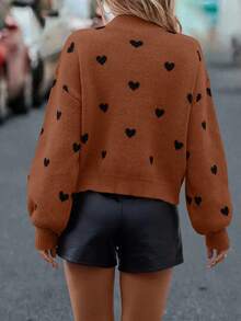 SHEIN LUNE Heart Pattern Dropped Shoulder Sweater, Casual For Autumn/Winter - Coffee Brown - View 2