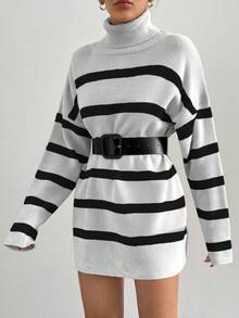 EURMUSE Striped Pattern Turtleneck Sweater With Drop Shoulder - Black and White - View 3