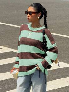 Muchica Women's Regular Striped Pattern Crew Neck Long Sleeve Pullover Sweater - Mint Green - View 5