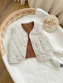 SHEIN 女婴罗纹无袖保暖内衬休闲前扣保暖棉服，冬季