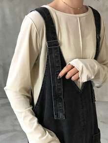 FRIFUL 女式时尚纯色V领无袖宽松长款休闲牛仔连衣裙 - 深灰色 - 查看 6