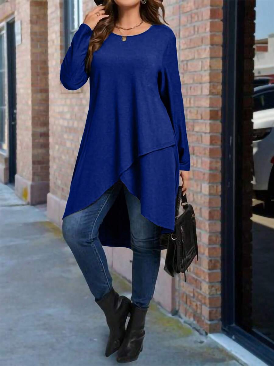 SHEIN 大码纯色长款不对称下摆圆领长袖T恤 - 寶藍色 - 查看 1