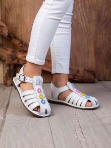 Sandalia para niña con flores multicolor, punta redonda, tiras transpirables, suela plana, estilo dulce para uso diario y casual - Blanco - Ver 2