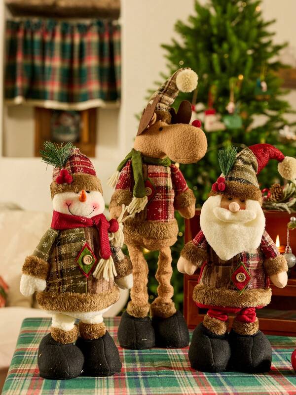Cirelle 1pc Christmas Plush Fill Decoration Christmas Retro Snowflake Grid Cloth Stretch Doll Santa Claus Reindeer Snowman Statue Decoration Desktop Tree Decoration Family Party Christmas Gift Christmas Decoration Decoration Ornament