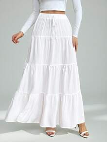 SHEIN Tall Women's Casual Vacation Multi-Layer Cake Skirt, Versatile Casual Elegant For Everyday, Holidays, And Dates Vacation Modest White Skirt - White - View 8