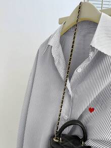 Franclia Women's Heart Embroidery Front Button Long Sleeve Shirt, New For Autumn, Spring & Summer