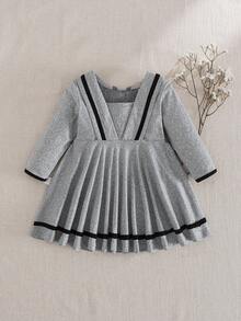 Souflis Souflis Baby Girl Cute Grey Autumn School Dress,Retro Elegant Collegiate Peter Pan Collar Knit Elastic Fabric Contrast Color Bow Decor Striped Outfit,3M-3Y - Grey - View 3