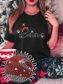SHEIN LUNE Plus Size Women's Christmas Hat Believe Letter Hot Rhinestone Printed T-Shirt Short Sleeved Top Graphic Tees Women Tops - Black - View 3