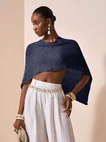 Zivah 性感披肩斗篷百搭针织披肩细肩带 V 领不对称肩部设计上衣，度假风格 - 藏蓝色 - 查看 7