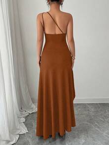 Selianne 夏季新款性感黑色不对称肩部褶皱露背镂空高开衩优雅长裙，适合度假、约会、派对 - 摩卡棕 - 查看 2