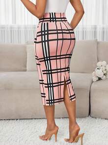 SHEIN Lady 优雅职场彩色格子针织开衩中长裙 商务休闲女式铅笔裙 女士半身裙 修身裙 格子裙 粉色格子裙 - 粉色 - 查看 2