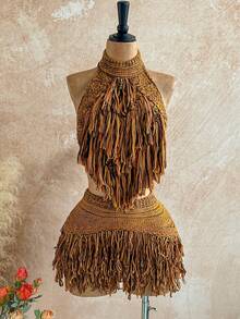 Soleia Fringe Knit Micro Mini Skirt Low Rise Sexy Holiday Ibiza Rave Boho Vacation Escapade Fall Night Out Autumn Winter Techno - Brown - View 3