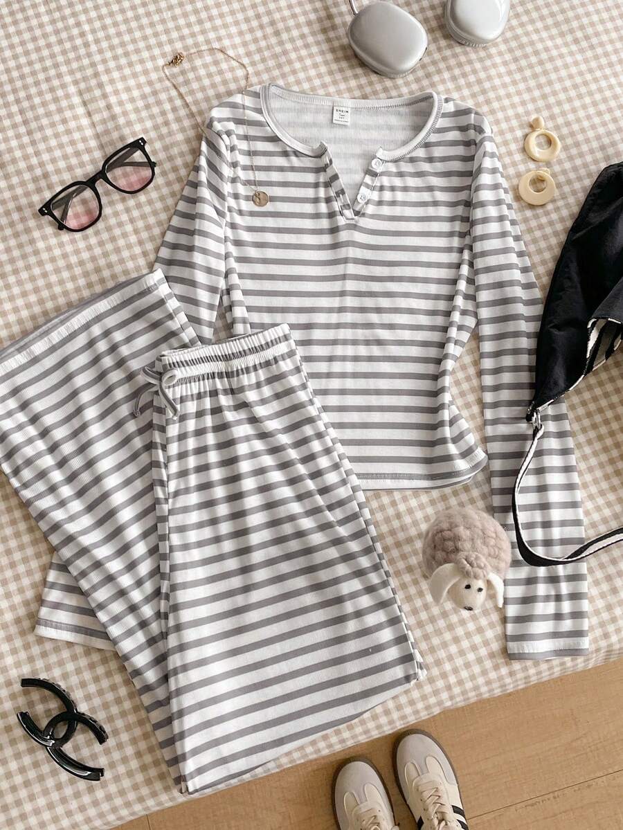 2件套青少年女孩条纹T恤套装，春秋季，半扣圆领长袖上衣+松紧腰宽松裤，休闲简约 - 灰色 - 查看 1