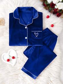 SHEIN 2件套女童韩版羊毛心形刺绣开衫和裤子睡衣套装 - 藍色 - 查看 5