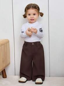 SHEIN 女婴卡其色口袋休闲宽松牛仔裤 - 咖啡棕 - 查看 3