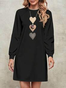 EMERY ROSE Robe style minimaliste décontracté, manches raglan noires, imprimé cœur brun clair, grande taille, convient pour l'automne/l'hiver
