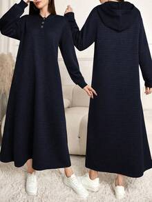 Lacomfia 女士休闲纯色连帽长款运动衫，秋冬 - 藏蓝色 - 查看 1