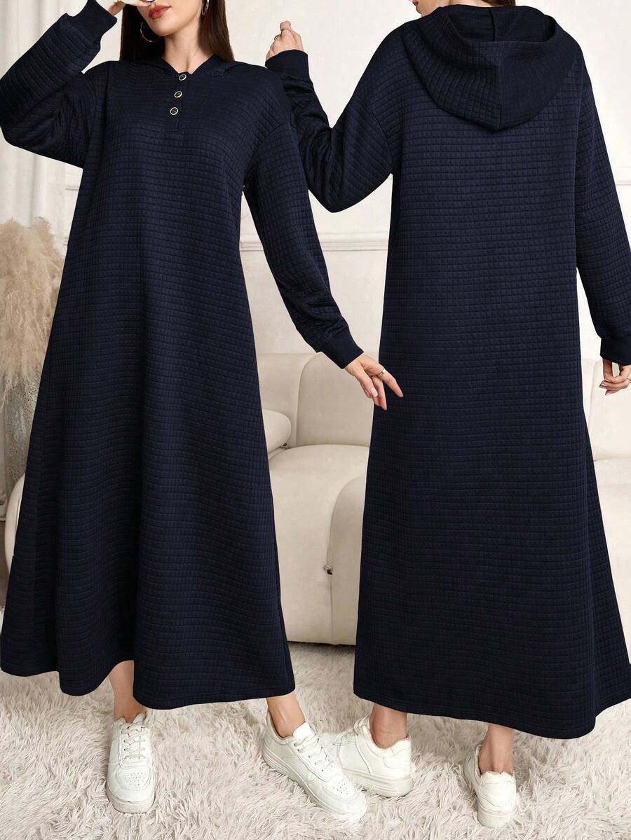 Lacomfia 女士休闲纯色连帽长款运动衫，秋冬 - 藏蓝色 - 查看 1