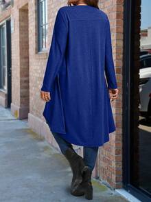 SHEIN 大码纯色长款不对称下摆圆领长袖T恤 - 寶藍色 - 查看 2