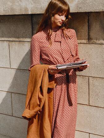 Écloséra 春秋时尚女士系带收腰长袖连衣裙