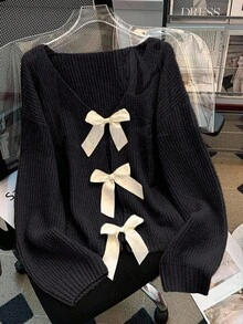 Franclia Bow Decor V-Neck Ribbed Casual Long Sleeve Sweater, Christmas - Black - View 4