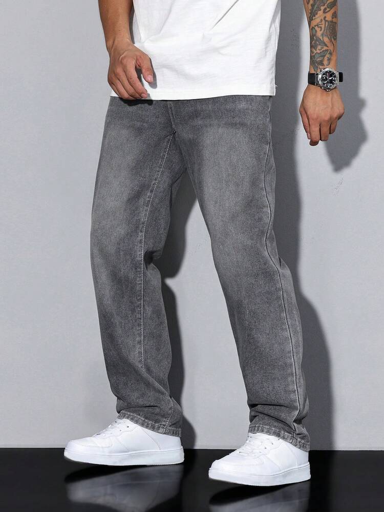 Manfinity Homme Calça Denim Masculina de Perna Reta Casual Combinável de Cor Sólida com Bolso - Cinza - Visão 3