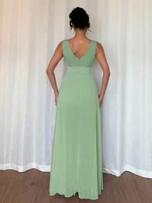 Breezaya Elegant V-Neck Ruched Waist Pearl Chiffon Wide Leg Jumpsuit, Suitable For Wedding Guest Dress, Purple - Mint Green - View 2