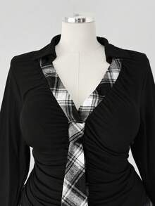 Sunspun Plus Size Women Vintage Romantic Casual Y2K Office/School Commute Pullover Long Sleeve T-Shirt With Bow Collar Decor, Versatile Punk Style, Lightweight, Suitable For Spring/Autumn, Christmas, Party - Black - View 7