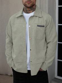 Manfinity CasualCool 男士休闲日常通勤拼接口袋灯芯绒长袖夹克，秋季款 - 橄欖綠 - 查看 8