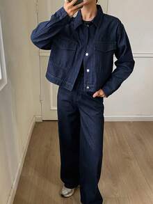 DAZY Women's Casual Solid Color Jacket And Wide Leg Jeans Suit, Autumn - Dark Wash - View 4