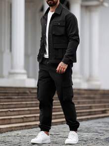 Manfinity Homme Men's Casual Solid Color Long Sleeve Utility Shirt & Pants Set, Fall Clothes - Black - View 6