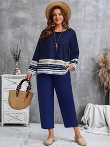 EMERY ROSE 大码女式条纹圆领长袖衬衫和裤子宽松休闲两件套 - 彩色 - 查看 1