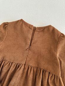 Cozy Pixies Baby Girl Textured Bow Decor Round Neck Long Sleeve Waist Cinched Dress - Brown - View 4