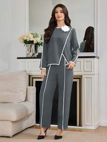 Modelyn 2 件套女式撞色饰边 3D 花卉装饰简约上衣和裤子套装 2 件套 - 灰色 - 查看 5