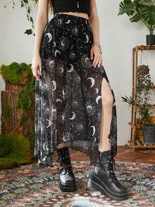ROMWE Hippie Sun & Moon Graphic Asymmetrical Hem Mesh Skirt - Black - View 5