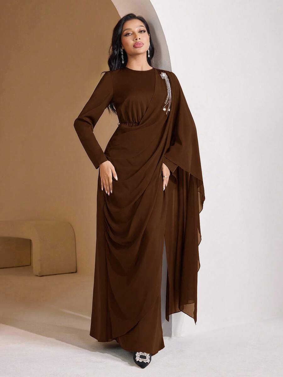 Veilorie Women's Rhinestone Decor Round Neck Pleated Elegant Arabic Style Dress - Mocha Brown - View 1