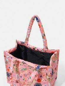 HARRY POTTER X SHEIN Túi Tote Họa Tiết Chần Bông, Túi Đeo Vai Y2K Màu Pastel Mềm Mại Dùng Đi Học & Hàng Ngày, Túi Xách Tay Cỡ Lớn Dễ Thương Thường Ngày - Hồng - Xem 6