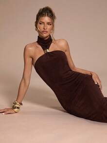 SHEIN BAE 女士纯棕色露背金属扣装饰直下摆开叉下摆优雅连衣裙，适合鸡尾酒会、浪漫约会、秋冬分层穿着、派对、万圣节、圣诞节 - 棕色 - 查看 7