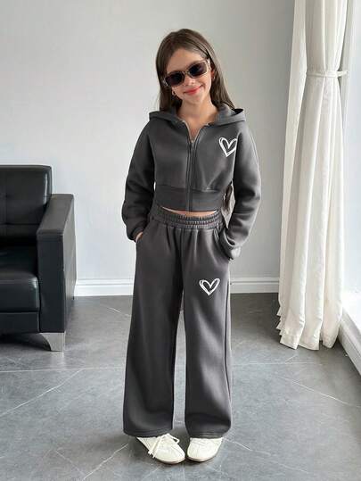 SHEIN 青少年女孩休闲心形印花针织纯色宽松落肩连帽运动衫运动衫 + 阔腿运动裤 2 件套