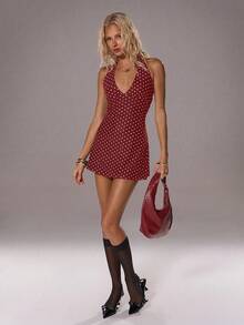 TRNVIE 浪漫波点V领女士迷你连衣裙，初秋 - 酒紅色 - 查看 4