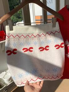 Comfortcana Women's Snowflake Pattern Knitted Mini Skirt, Suitable For Christmas, Autumn/Winter Knit Sets - Multicolor - View 4